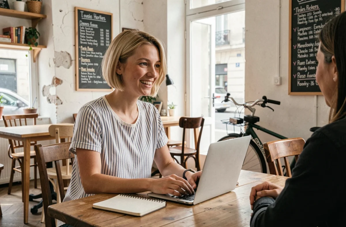 Espace collaboratif de proximité 18 Coworking Lyon avec une jeune femme travaillant dans une ambiance locale et chaleureuse