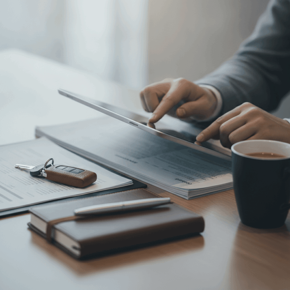 Professionnel automobile utilisant une tablette pour la gestion administrative digitale avec documents et clés de véhicules