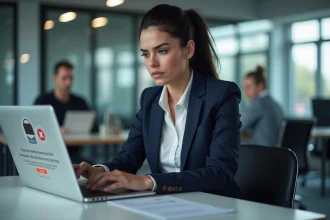 Femme professionnelle face à un accès bloqué sur son ordinateur portable en open space