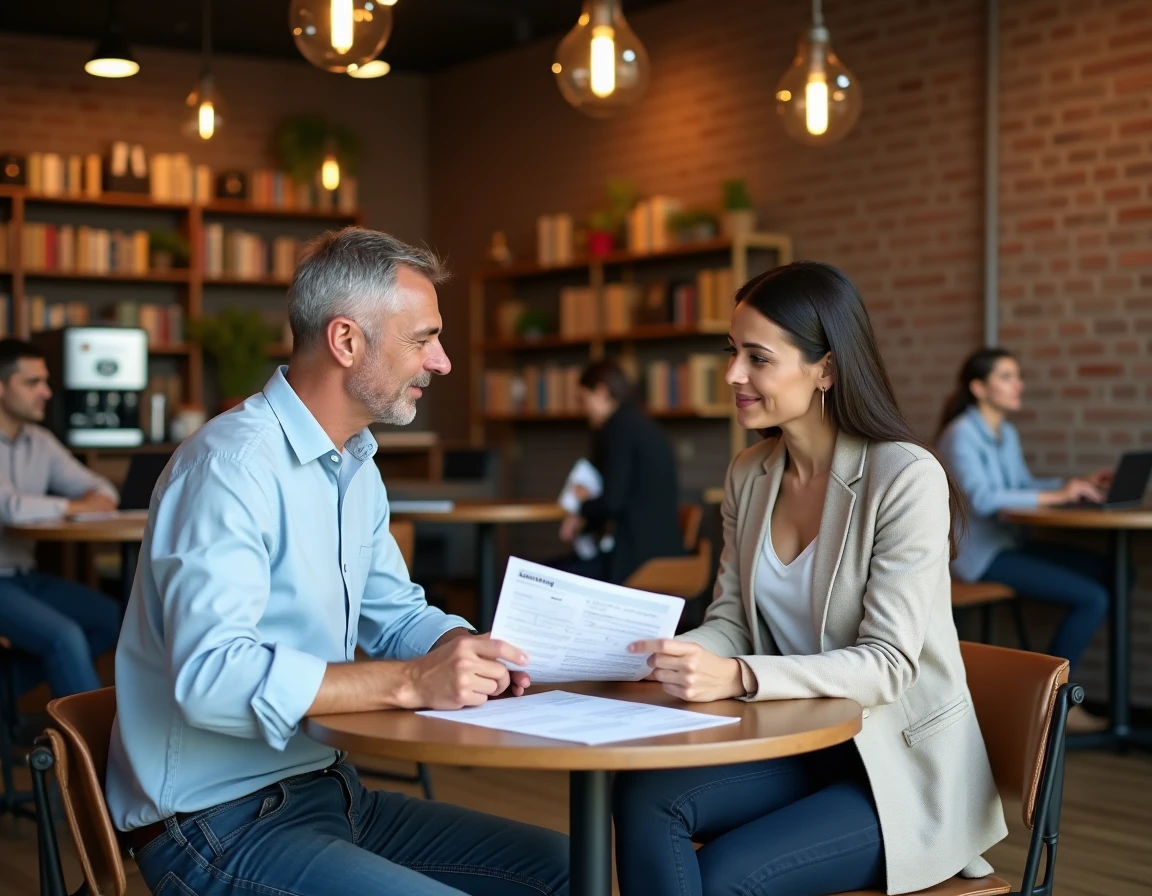 Deux dirigeants collaborant sur un plan de prospection commerciale personnalisé dans un espace de co-working convivial