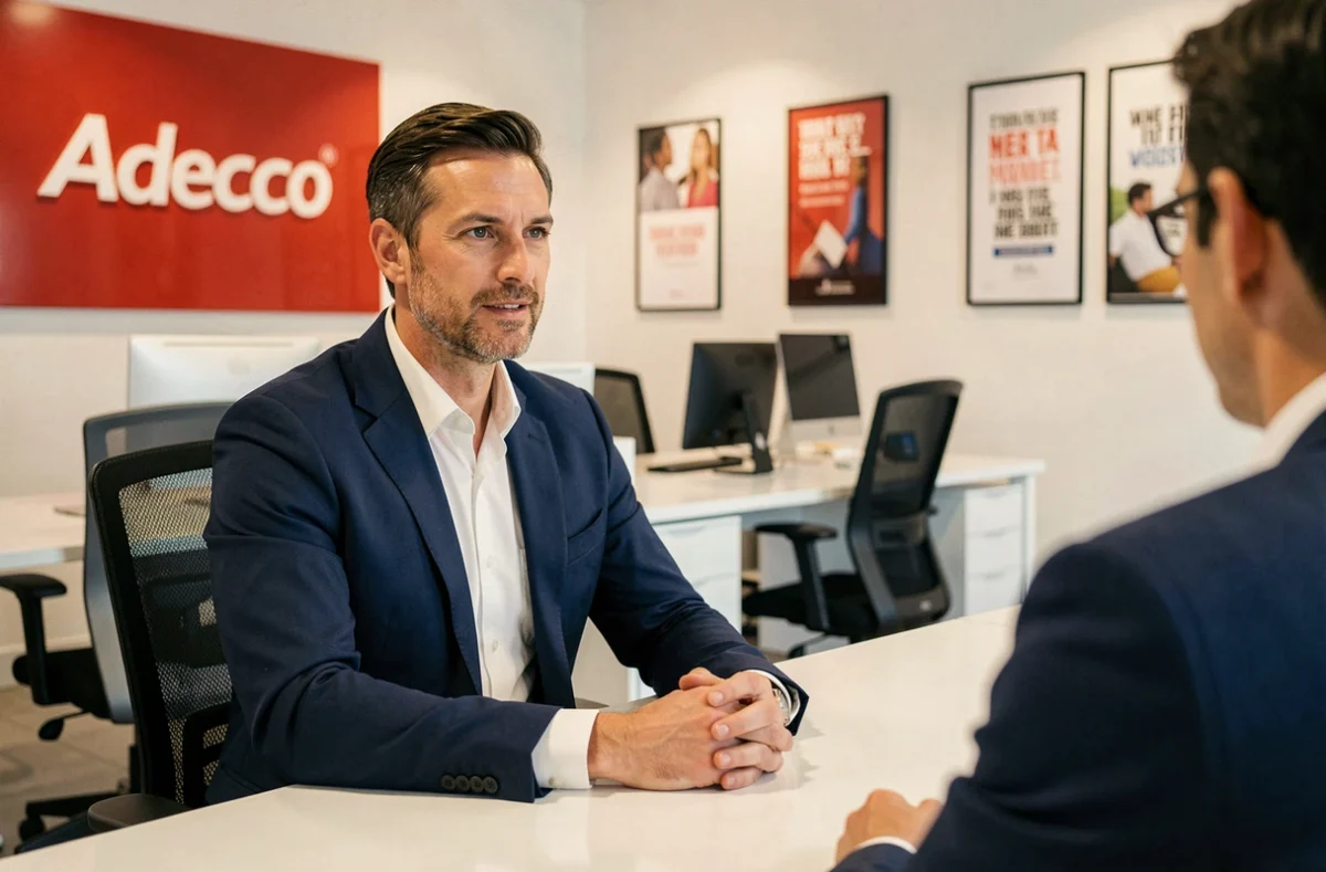 Recruteur Adecco en entretien avec un candidat dans une agence d'intérim moderne