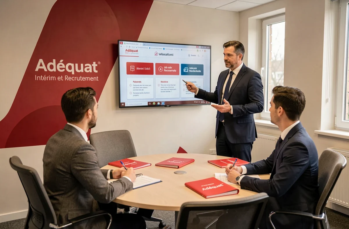 Consultant Adéquat Intérim présentant des offres d'emploi à des candidats en salle de réunion