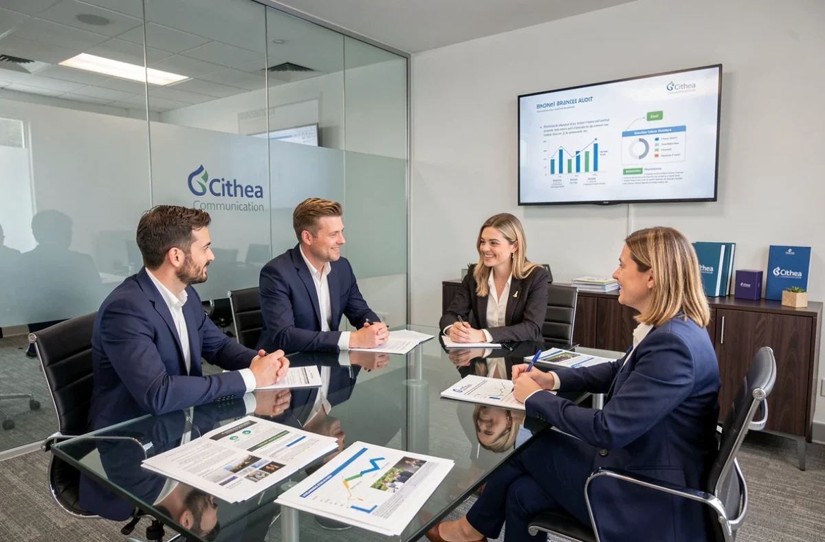 Équipe de l'agence Cithea Communication réunie en salle de réunion vitrée autour de plans médias imprimés et d'un écran de présentation de marque