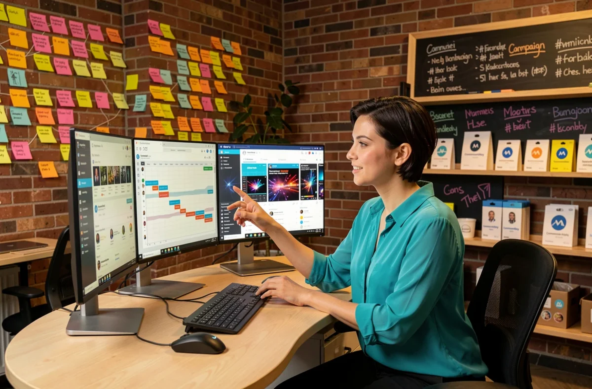 Responsable de communication de l'agence Communikey travaillant sur des tableaux de bord de réseaux sociaux dans un espace de travail coloré