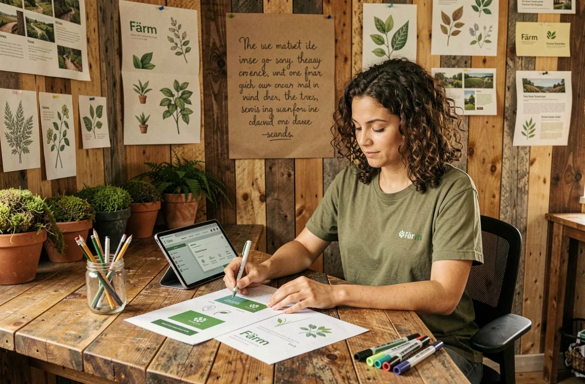 Stratège créative de l'agence Färm à son bureau en bois recyclé entourée de designs de marques durables et d'illustrations botaniques dans un studio éco-responsable