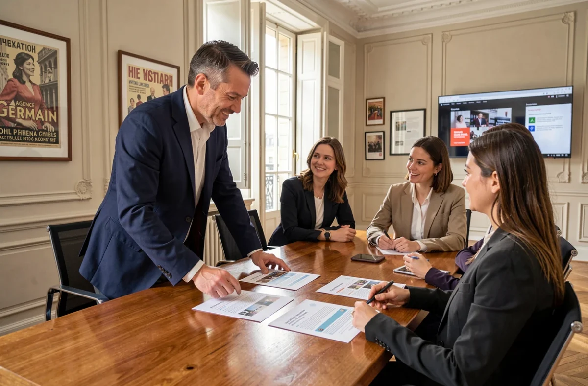 Consultant de l'Agence Germain présentant des propositions de campagne à ses collègues dans un bureau élégant au style haussmannien