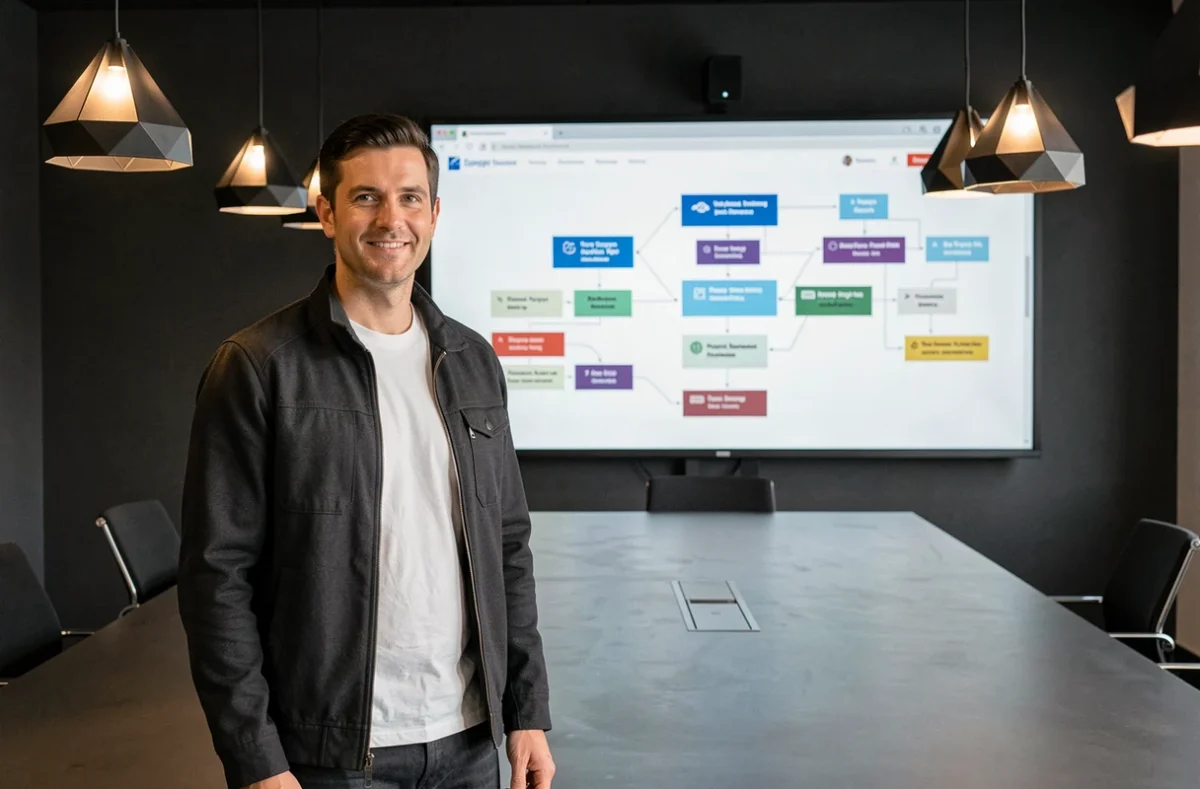 Stratège web de l'agence Korbon présentant l'architecture d'un site internet sur un grand écran dans une salle de réunion moderne