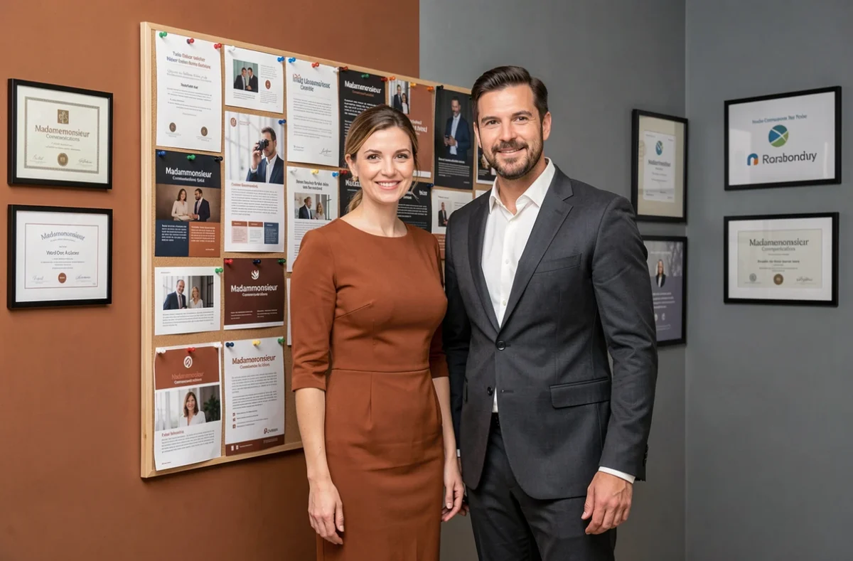 Duo de dirigeants de Madamemonsieur Communications devant un mur de maquettes combinant esthétiques féminine et masculine dans un studio aux teintes complémentaires