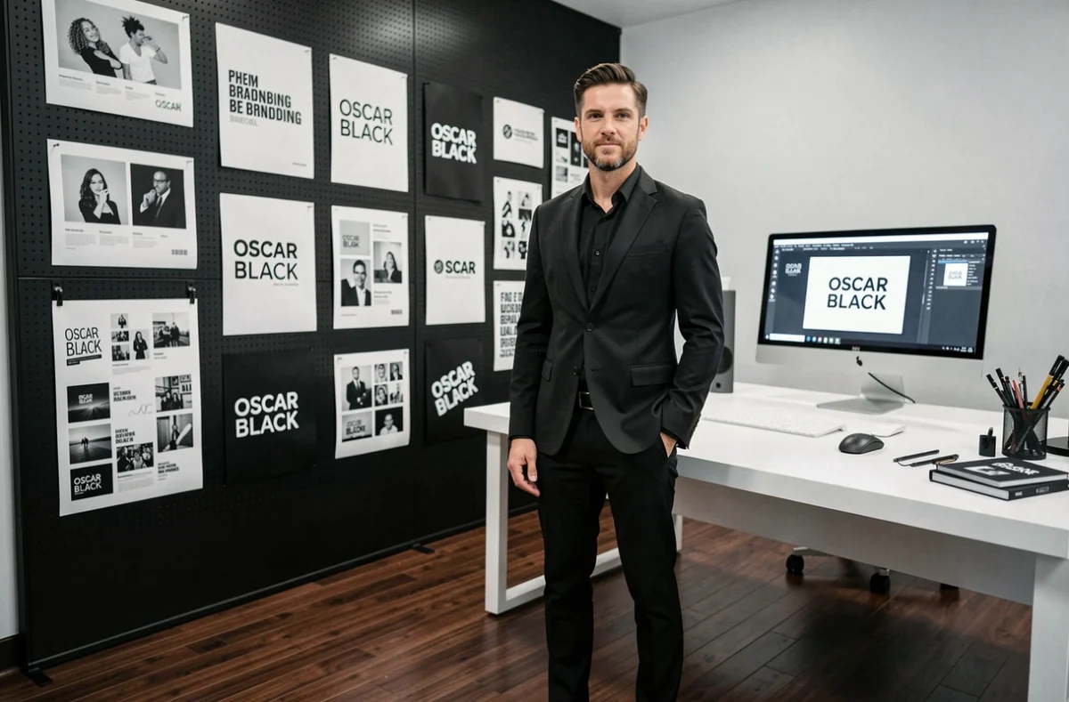 Directeur artistique de l'agence Oscar Black en tenue noire devant un tableau de présentation d'identités visuelles monochromes