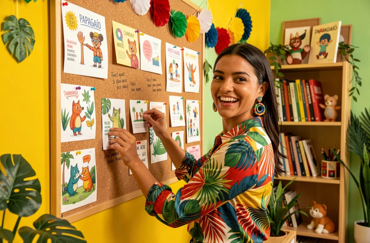 Directrice créative de l'agence Papagaio épinglant des concepts de campagne colorés sur un grand tableau de liège dans un studio tropical et ludique