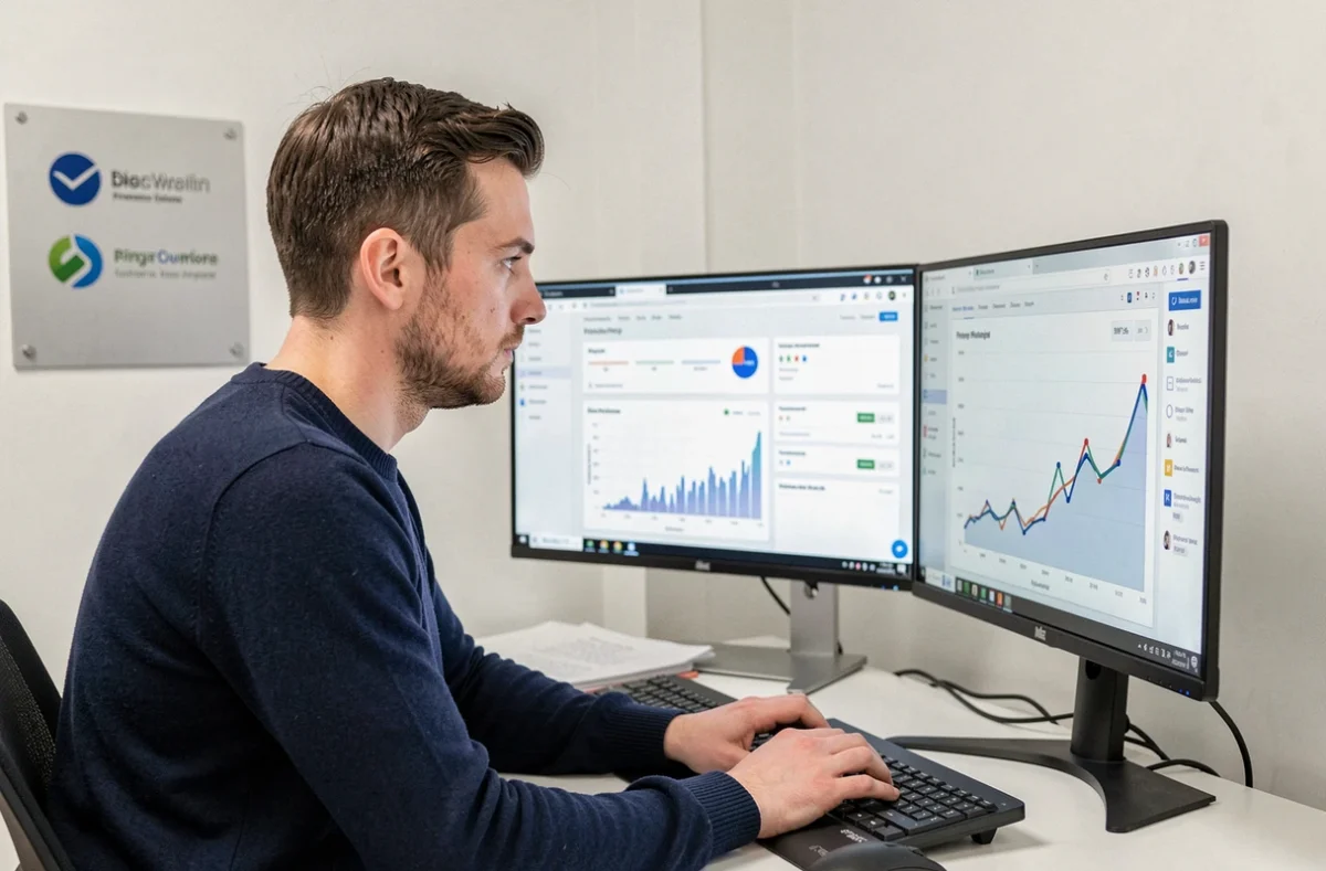 Développeur web de l'agence Ranker analysant des données de classement et de performance sur des écrans dans un bureau moderne