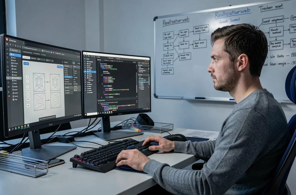 Développeur web de l'agence Realisateurweb concentré devant trois écrans affichant des wireframes et du code CSS dans un espace de travail technique épuré