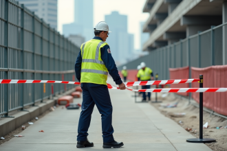 Agent de securite en uniforme pose une barriere de chantier