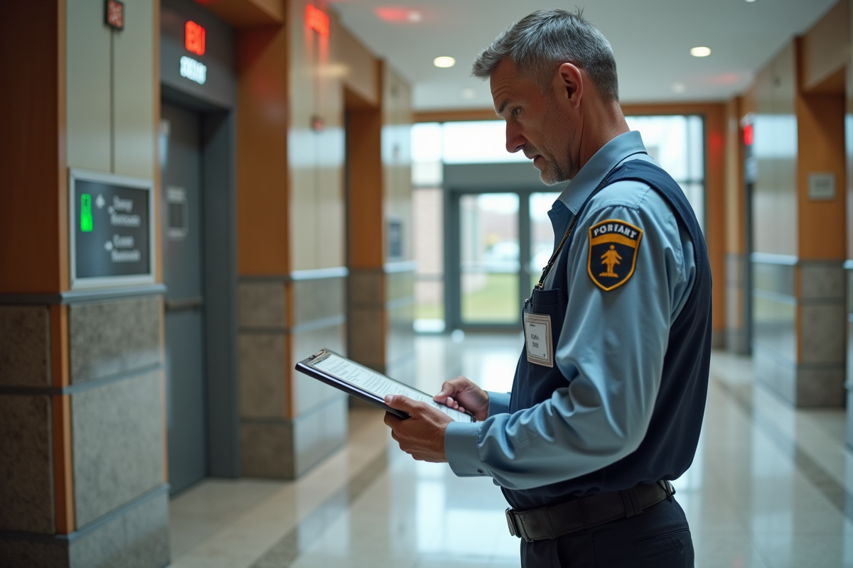 Agent de sécurité inspectant les portes dans un hall public