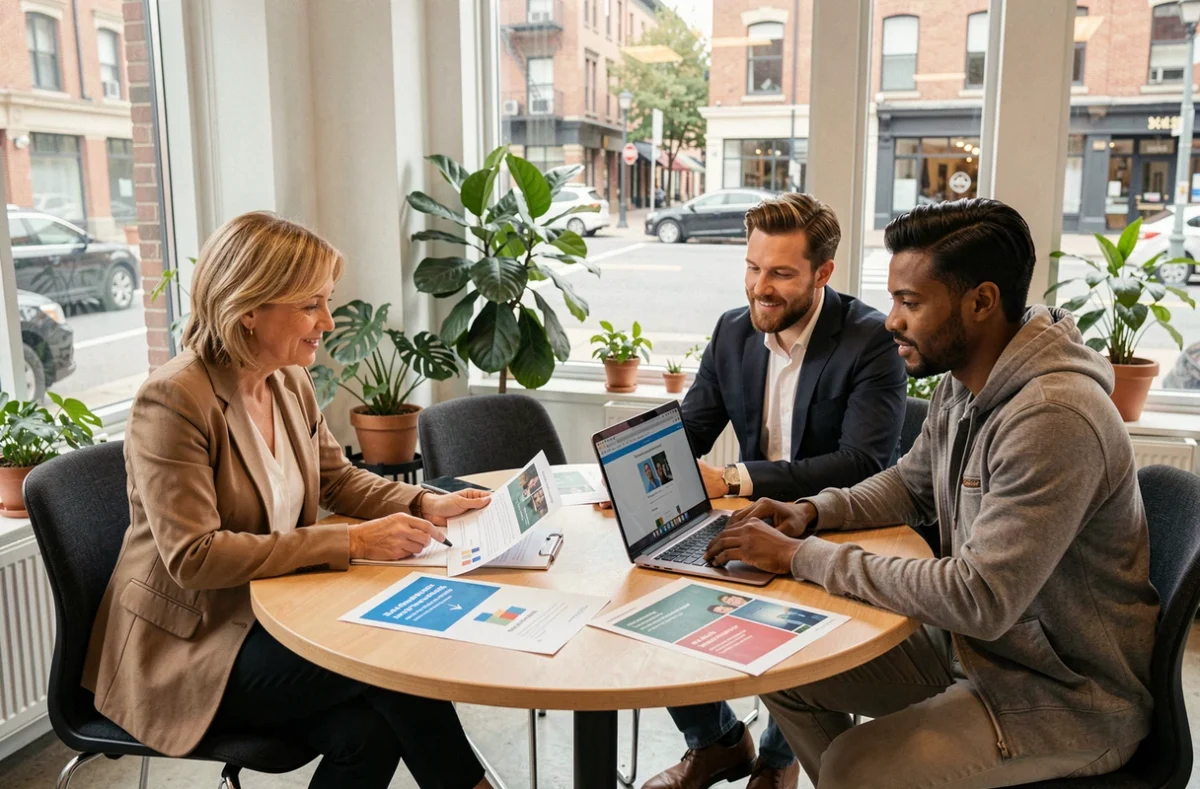 Équipe d'All In Communication collaborant sur des projets de sites internet et de communication dans un espace de coworking lumineux