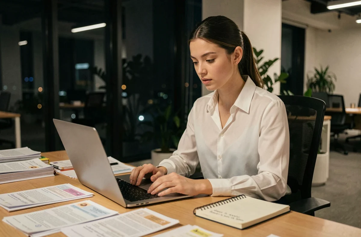 Alternante en bureau analysant ses fiches de paie la nuit, représentant les droits liés à la rémunération des heures de nuit en apprentissage
