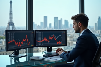 Jeune analyste financier regardant écrans à Paris