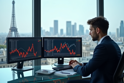 Jeune analyste financier regardant écrans à Paris