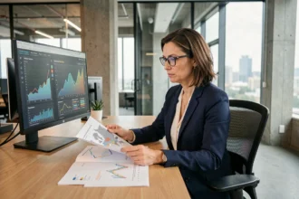 Femme analyste économique examinant des indicateurs territoriaux sur écran et documents imprimés dans un bureau moderne
