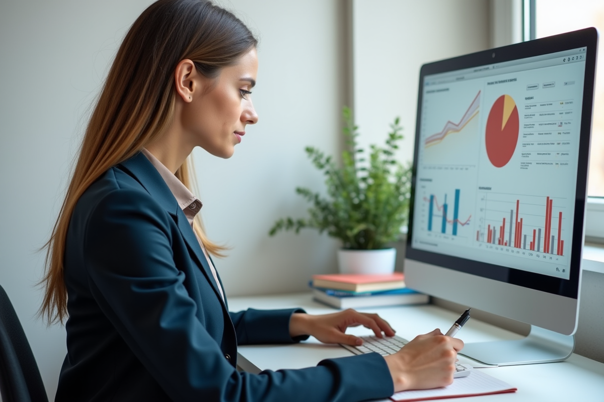 Jeune analyste marketing travaillant à son bureau à domicile