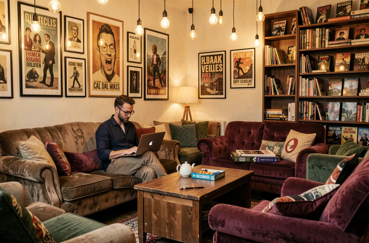 Intérieur de l'Anticafé Lyon avec un homme travaillant dans un fauteuil confortable entouré de jeux de société et de décoration vintage