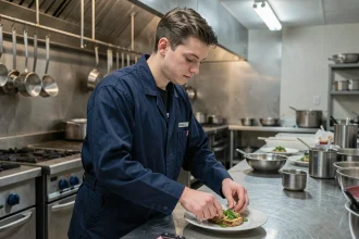 Jeune apprenti en cuisine professionnelle lors d'un service de nuit, illustrant la rémunération des heures de nuit pour les alternants