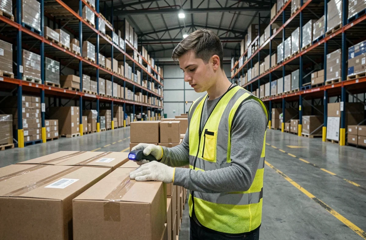 Apprenti en entrepôt logistique lors d'un travail de nuit, illustrant les spécificités de la rémunération nocturne pour les alternants