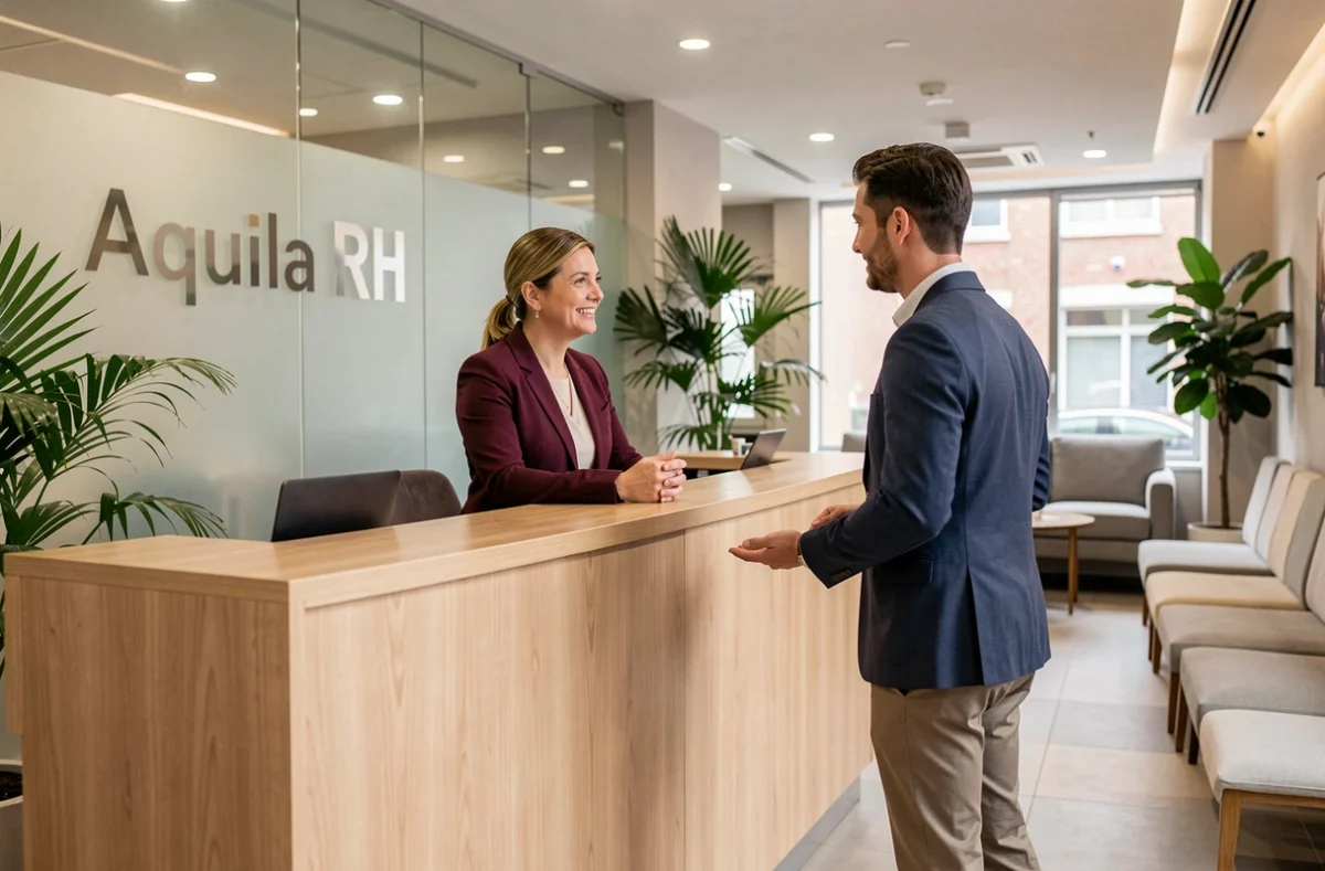 Recruteuse Aquila RH accueillant un candidat dans le hall de l'agence en Seine-Maritime