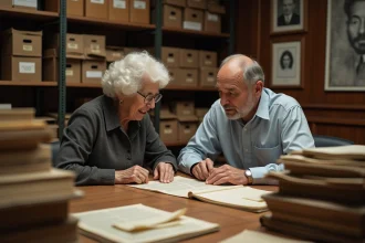 Une femme âgée et un homme discutent sur fond d'archives anciennes