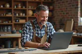 Artisan menuisier consultant le site internet de son activité sur un ordinateur portable dans son atelier de travail