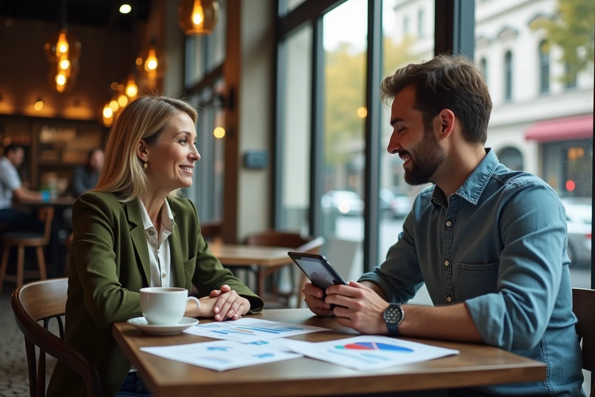 Deux associés discutant d'un guide de création d'entreprise numérique pour limiter les risques financiers en 2026 dans un café