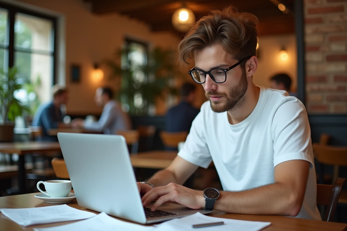 Jeune auto-entrepreneur recherchant des informations sur l'exonération ACRE dans un café