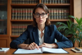 Avocate examinant des documents officiels liés à la propriété intellectuelle et à la contrefaçon dans un bureau juridique moderne