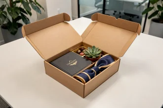 Boîte cadeau d'entreprise ouverte sur une table de bureau moderne avec articles premium et ruban doré