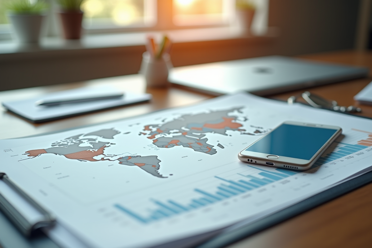 Espace de travail avec documents et carte du monde
