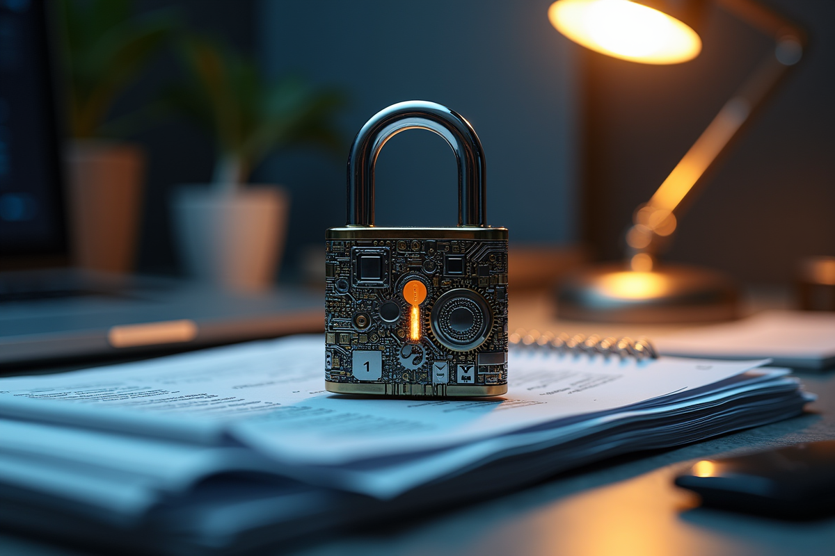 Cadenas métallique en gears et circuits sur des documents dans un espace de travail créatif