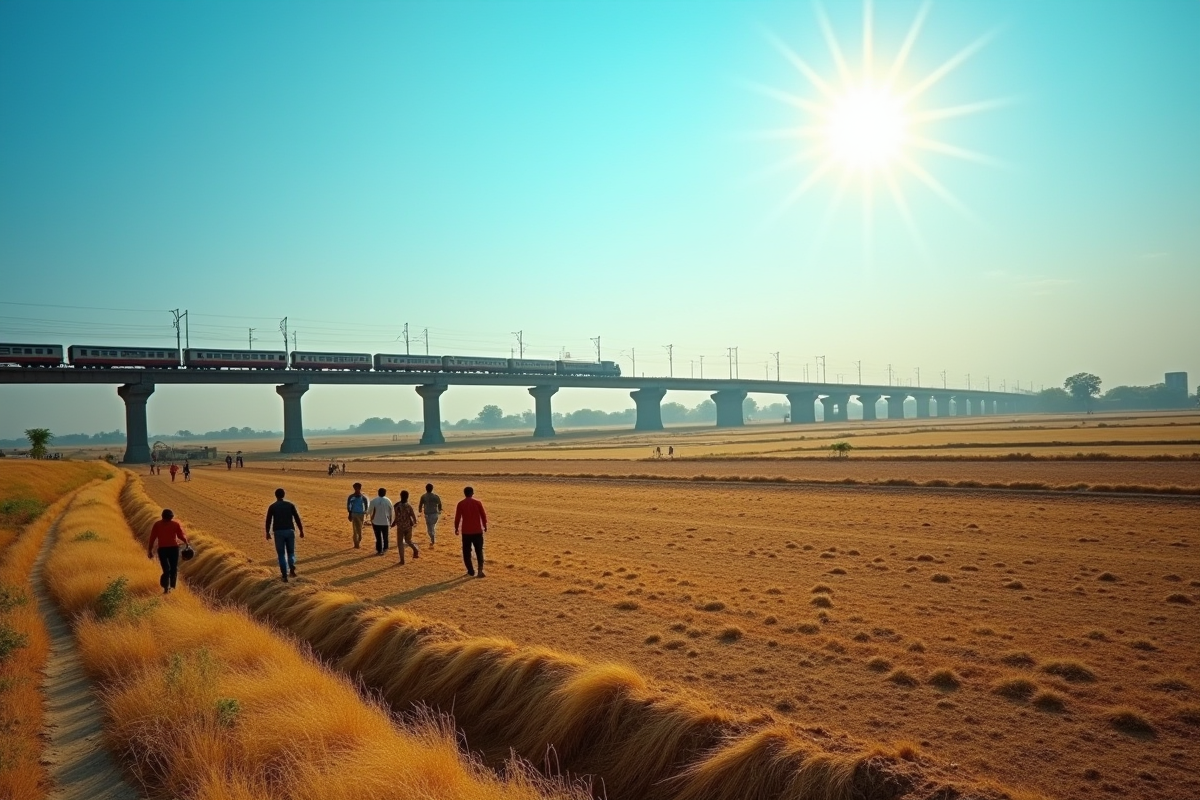 Paysage rural indien avec fermiers et train en arrière-plan