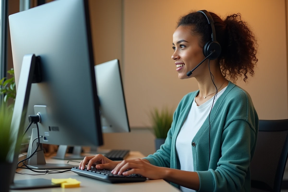 Chargée de support RH gérant une file de tickets Advango sur double écran avec casque téléphonique