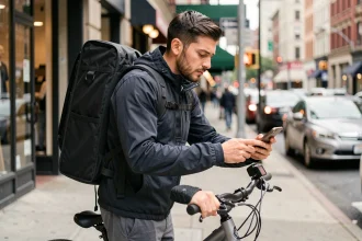 Chauffeur livreur Uber Eats en ville consultant son smartphone sur son vélo de livraison