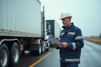 Chauffeur routier masculin consultant ses documents de travail près d'un camion semi-remorque blanc sur une aire de repos autoroutière