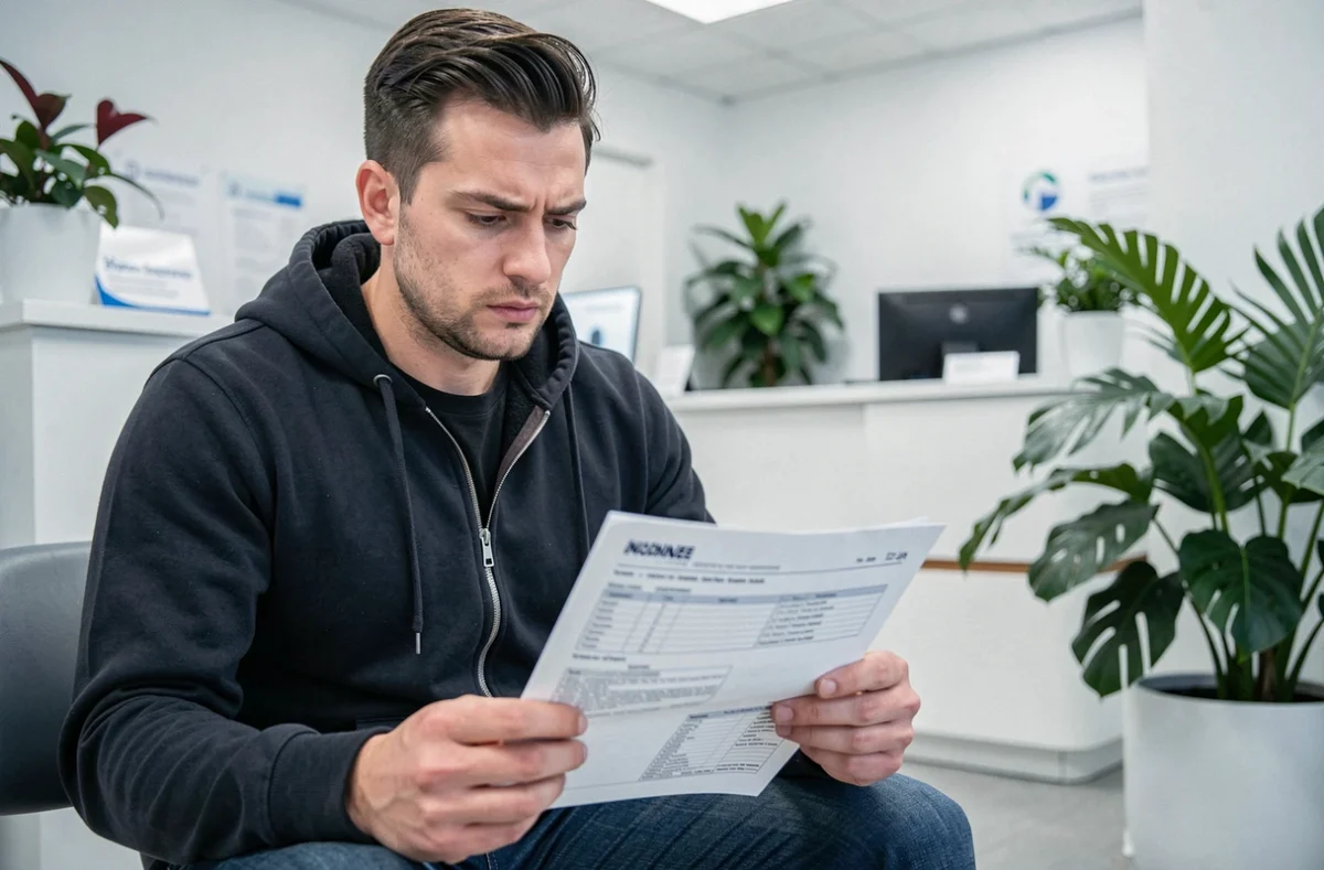 Chauffeur Uber Eats consultant ses documents d'assurance dans une agence professionnelle