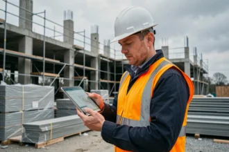 Chef de chantier TPE bâtiment consultant un logiciel de gestion de chantier sur tablette sur un chantier en construction