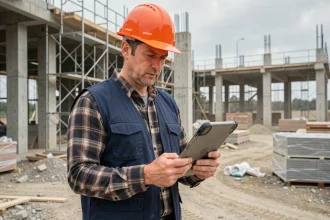 Chef de chantier consultant un logiciel de suivi de chantier sur tablette numérique sur un chantier de construction BTP