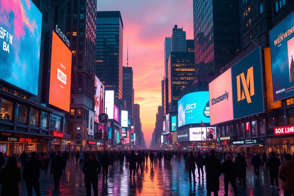 Paysage urbain au coucher du soleil avec panneaux publicitaires numériques