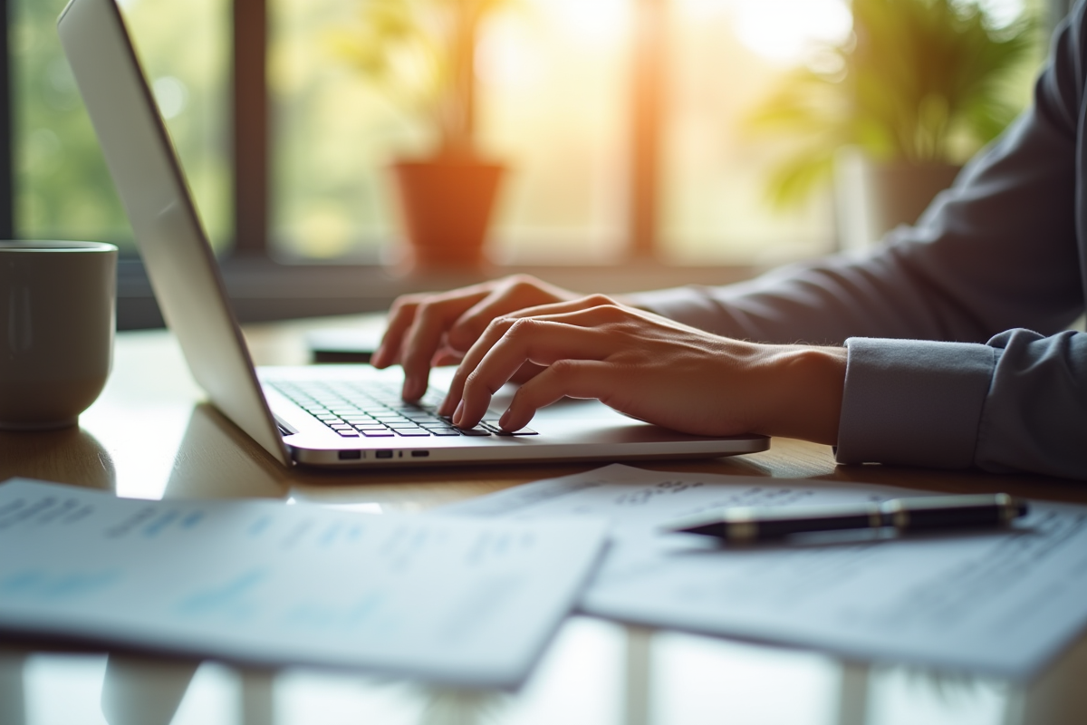 Mains tapant sur un clavier avec tasse et carnet au bureau
