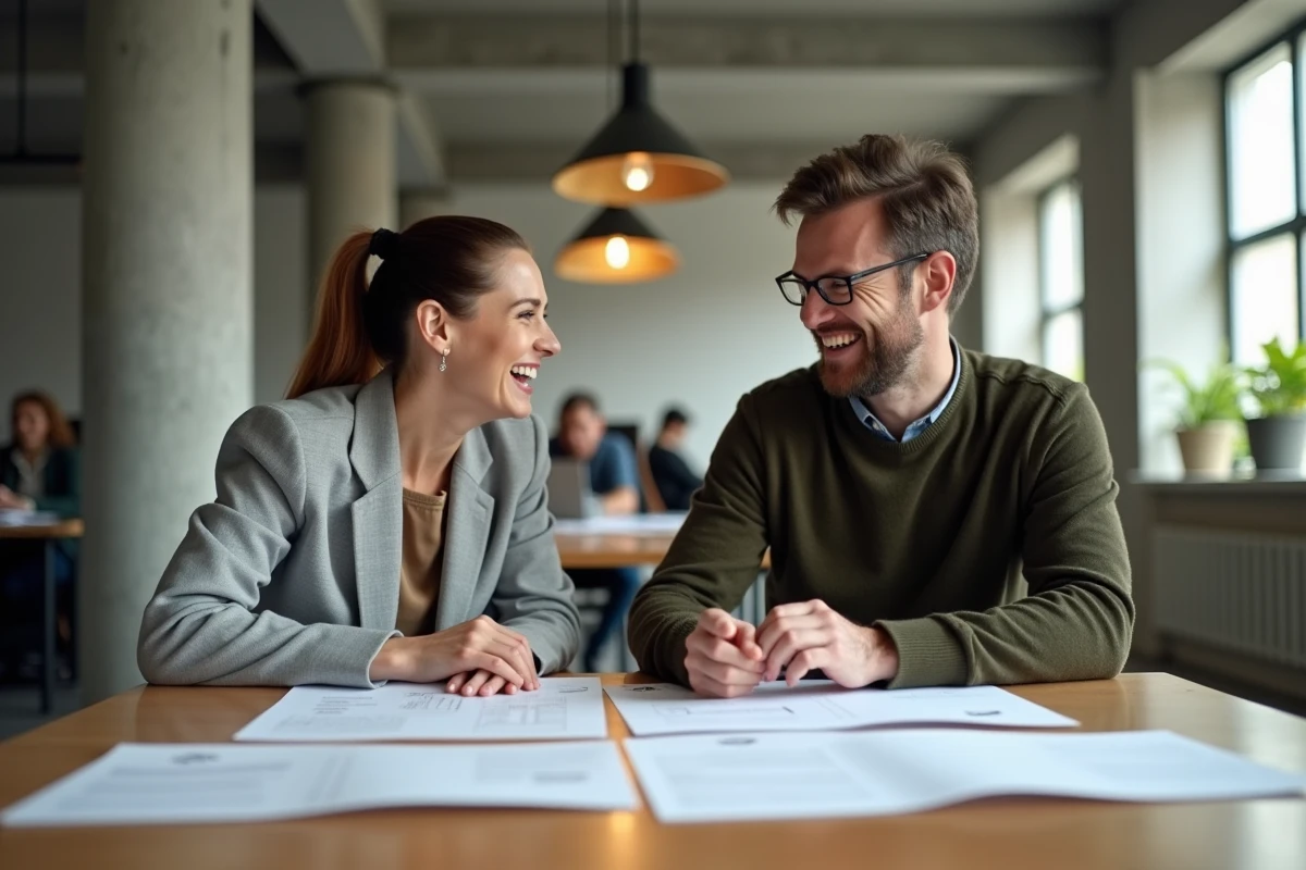Deux collègues souriants collaborant dans un bureau moderne, évoquant le lien entre épanouissement professionnel et bonheur au travail