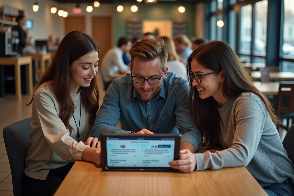 Groupe de collègues consultant les nouveautés du CE GMF sur une tablette en salle de pause