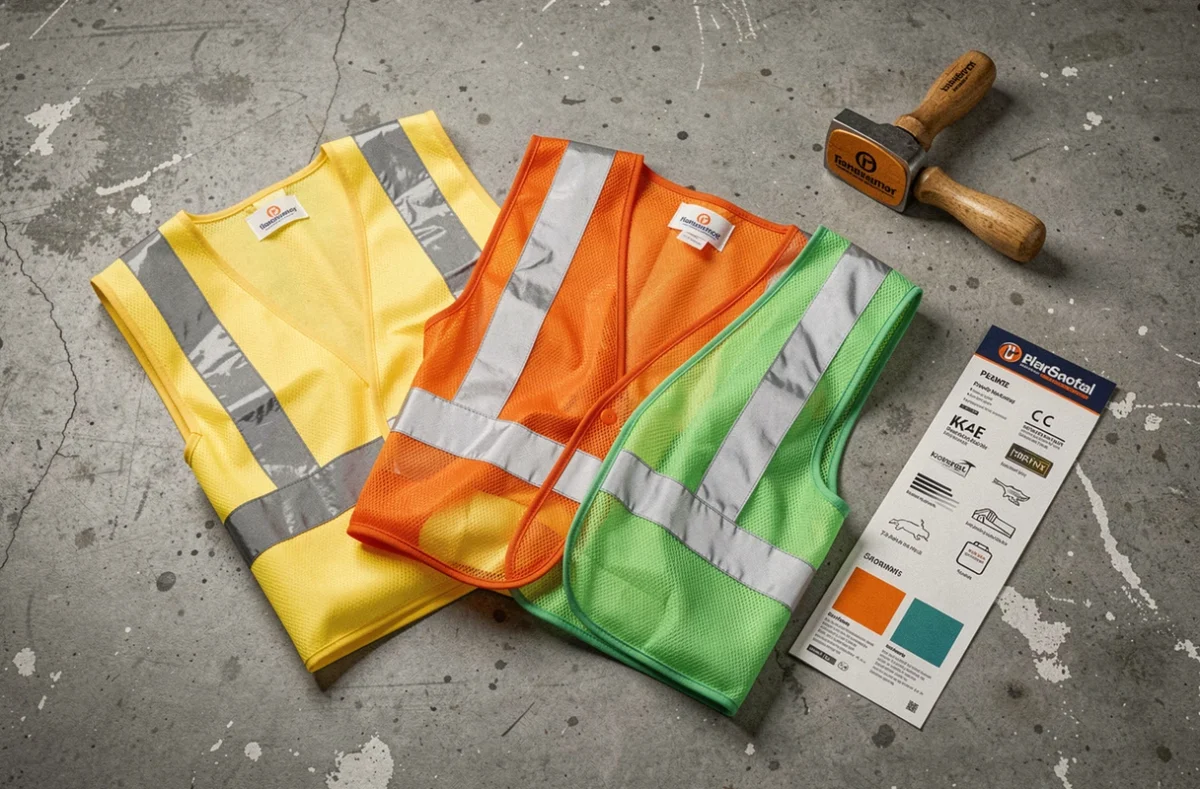 Trois gilets de sécurité haute visibilité personnalisables en jaune orange et vert présentés en flat lay avec accessoires de marquage