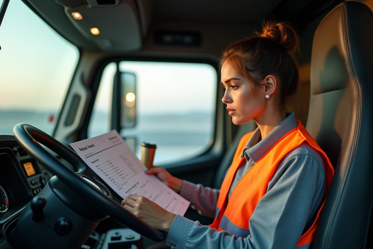 Conductrice routière lisant une fiche de salaire dans la cabine de son camion, illustrant les droits salariaux des chauffeurs en 2026