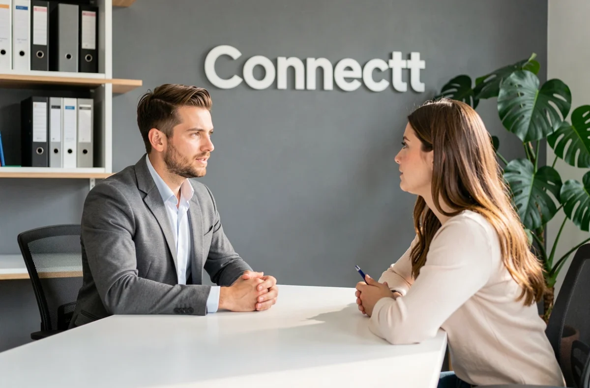 Recruteur Connectt en entretien avec une candidate dans une agence d'intérim moderne en Seine-Maritime